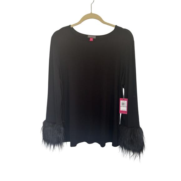 NWT Vince Camuto Black Faux Fur Cuff Long Sleeve Top Size 1X Mob Wife Goth - Picture 1 of 7